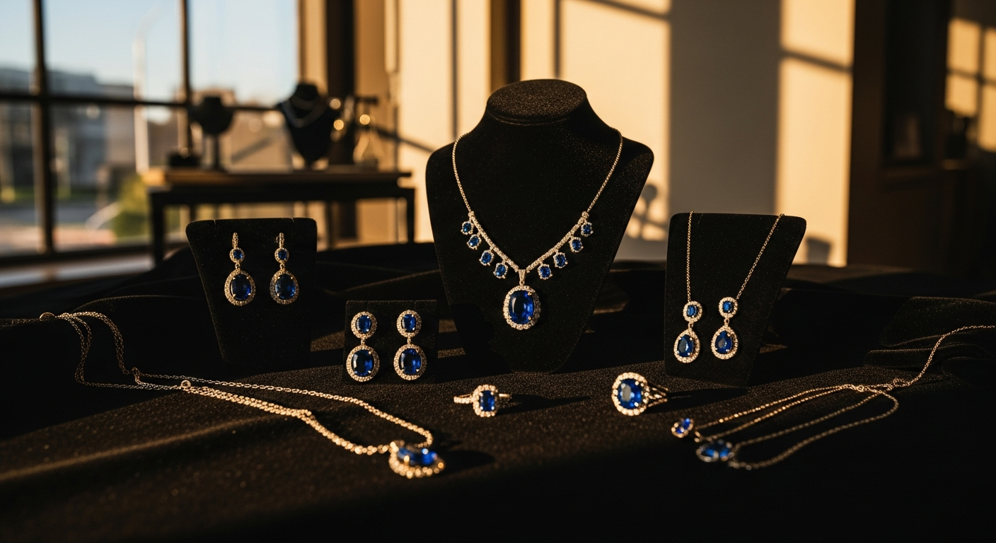 Collection bijoux saphir élégants sur présentoir luxueux